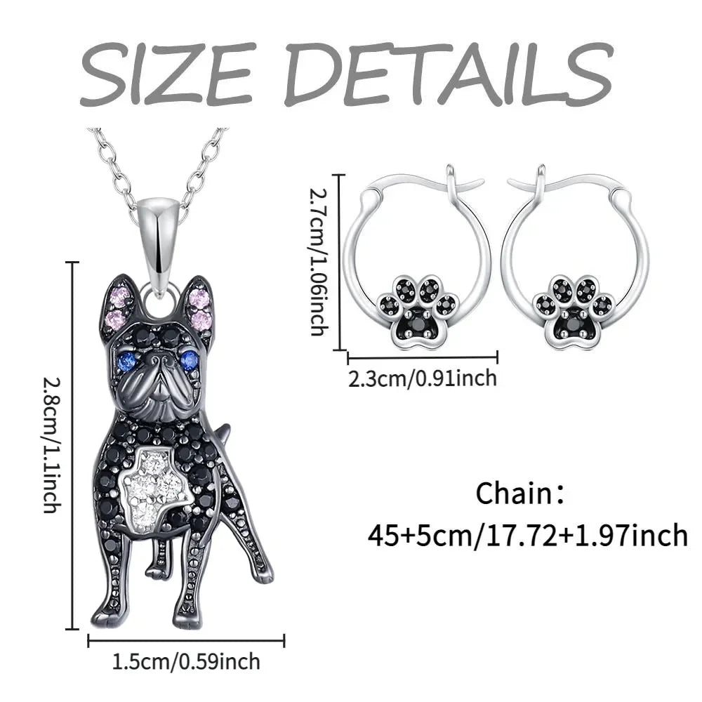 Black French Bulldog Necklace & Paw Earrings Set