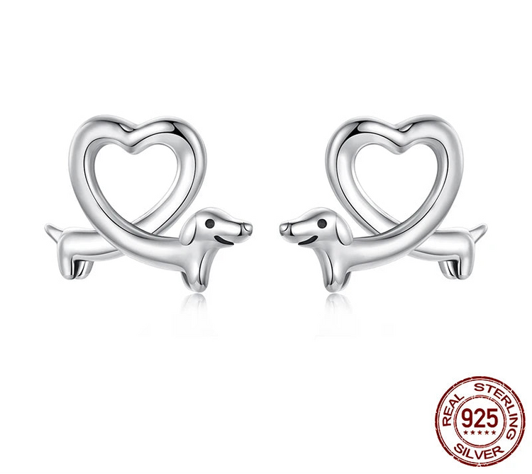 925 Sterling Silver Heart Shaped Dachshund Earrings