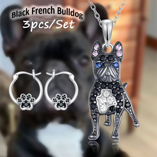 Black French Bulldog Necklace & Paw Earrings Set