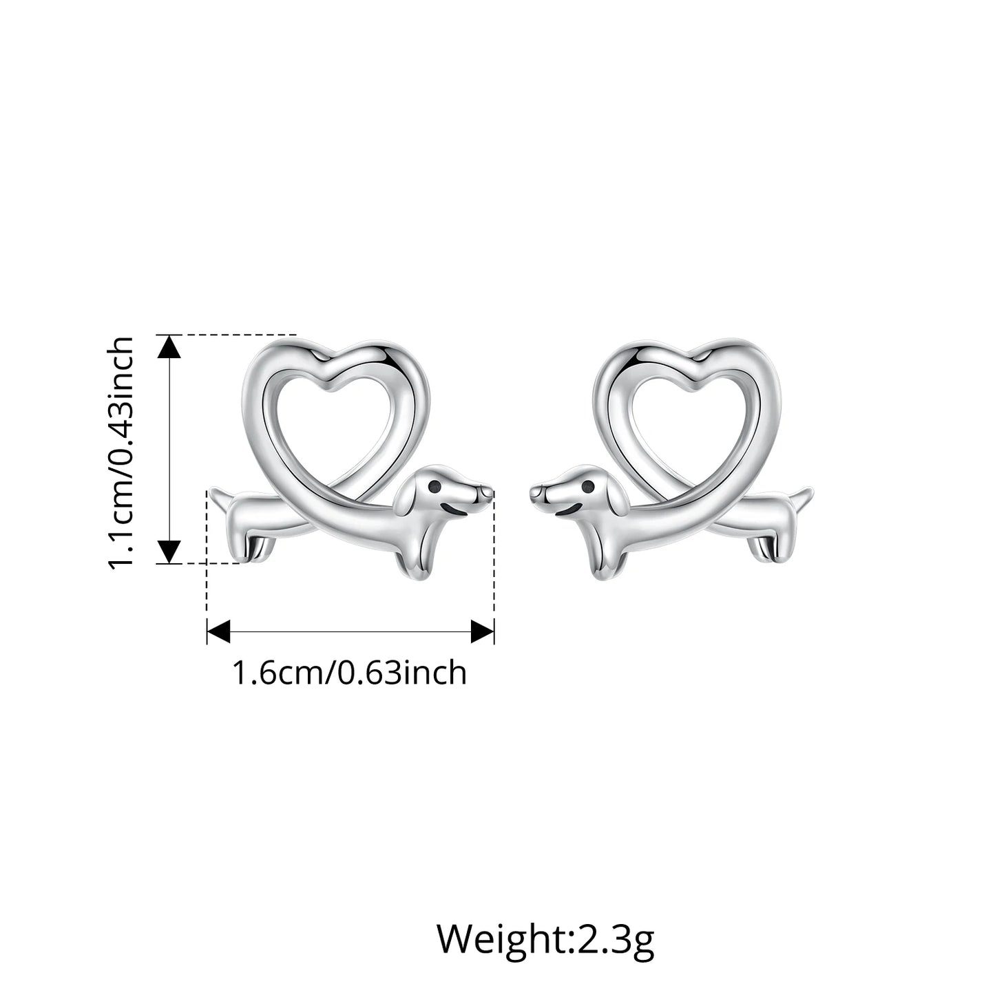 925 Sterling Silver Heart Shaped Dachshund Earrings
