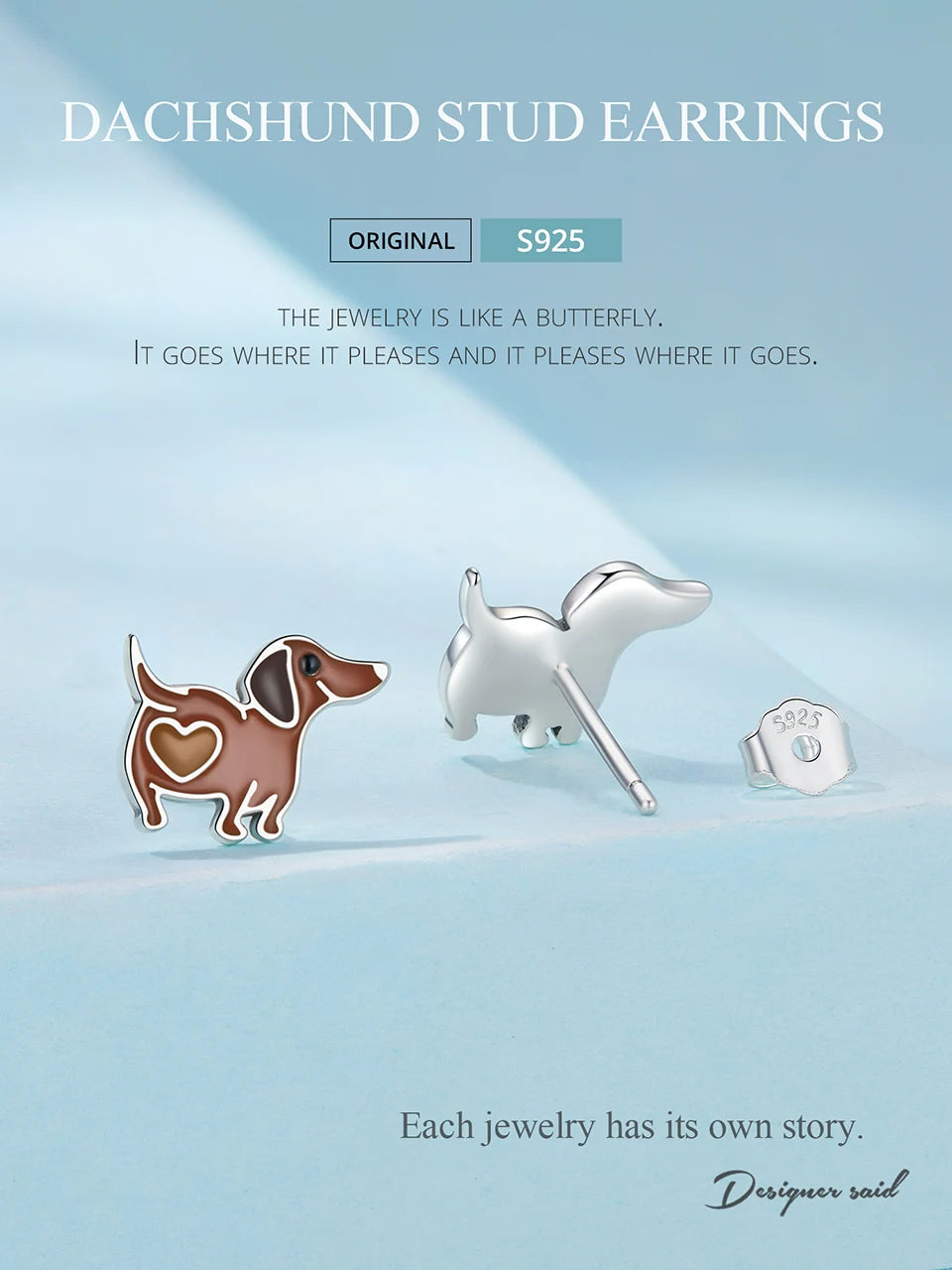 Doggies Merch® 🐶 Cartoon Brown Heart Dachshund – 925 Sterling Silver Charm