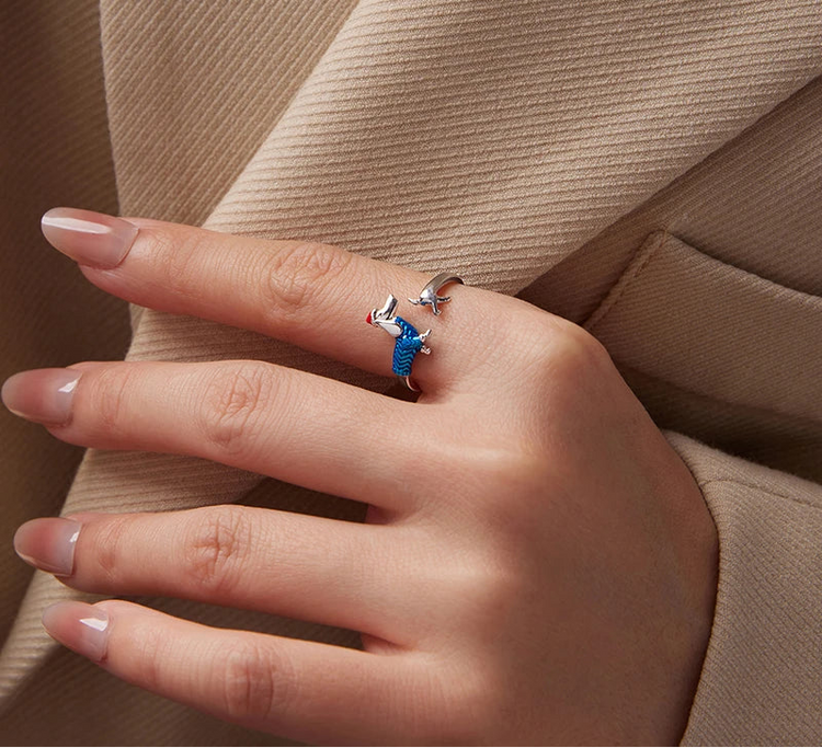 WOSTU 925 Sterling Silver Dachshund Dog Open Ring With Christmas Hat, 925 Sterling Silver Pet Animal Unique Xmas Gift For Her