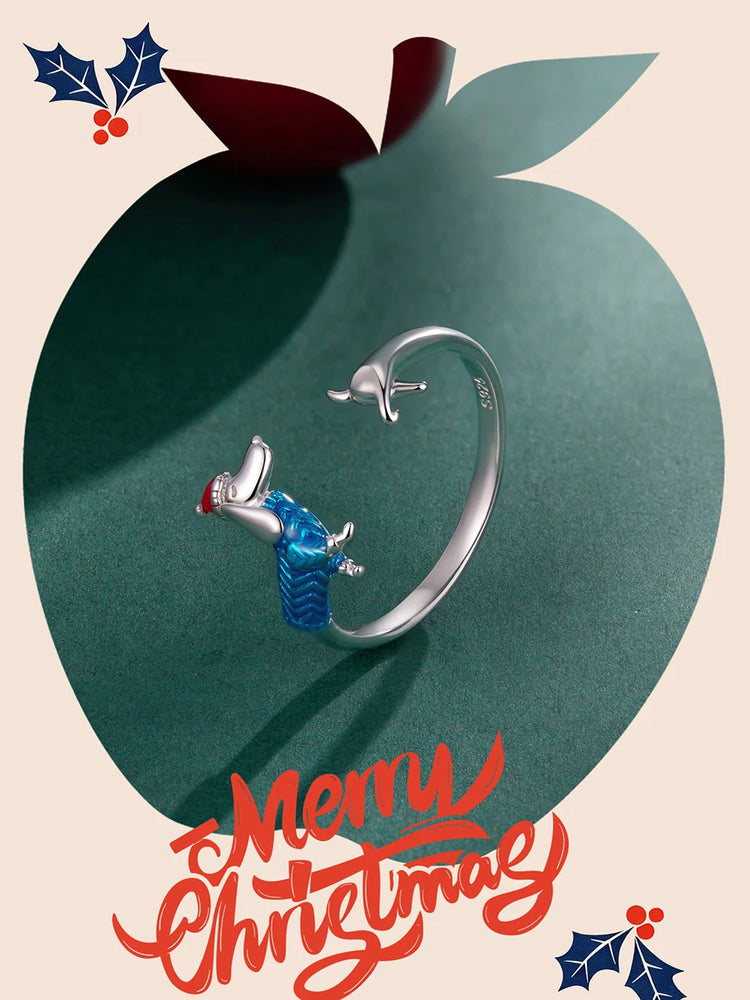 WOSTU 925 Sterling Silver Dachshund Dog Open Ring With Christmas Hat, 925 Sterling Silver Pet Animal Unique Xmas Gift For Her