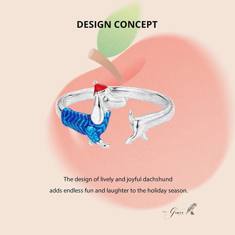 WOSTU 925 Sterling Silver Dachshund Dog Open Ring With Christmas Hat, 925 Sterling Silver Pet Animal Unique Xmas Gift For Her