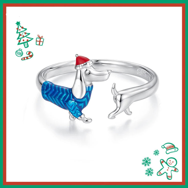WOSTU 925 Sterling Silver Dachshund Dog Open Ring With Christmas Hat, 925 Sterling Silver Pet Animal Unique Xmas Gift For Her