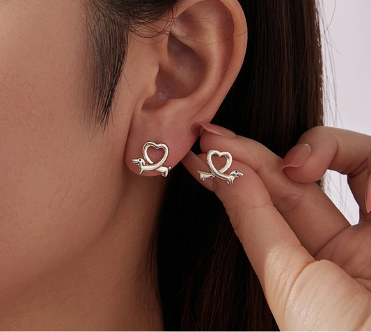 925 Sterling Silver Heart Shaped Dachshund Earrings