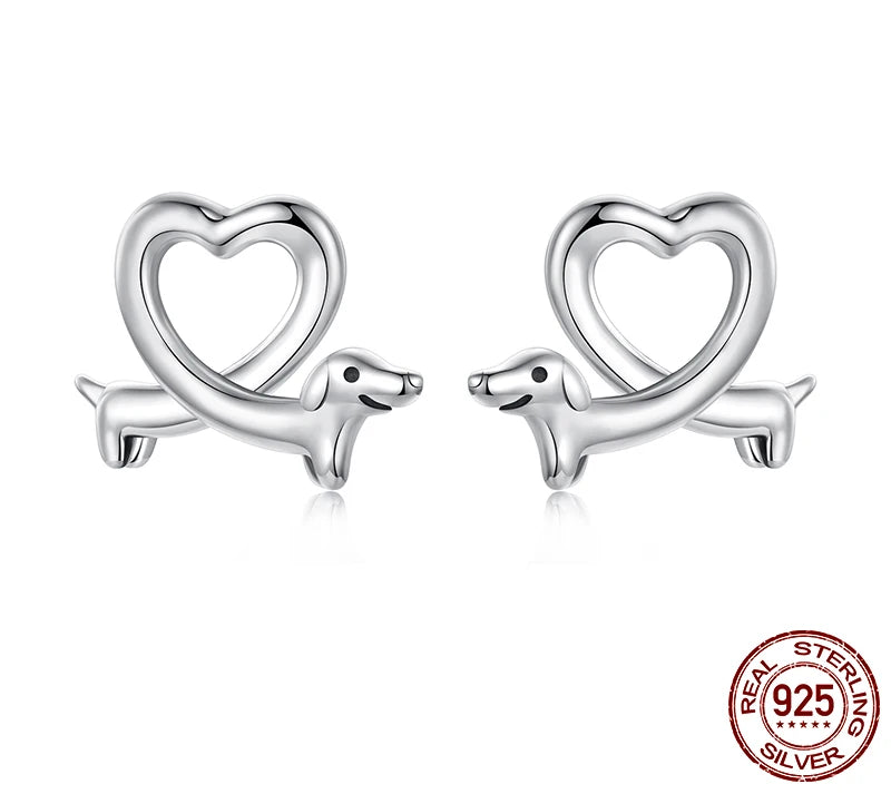 925 Sterling Silver Heart Shaped Dachshund Earrings