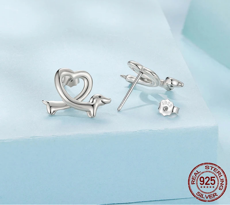 925 Sterling Silver Heart Shaped Dachshund Earrings
