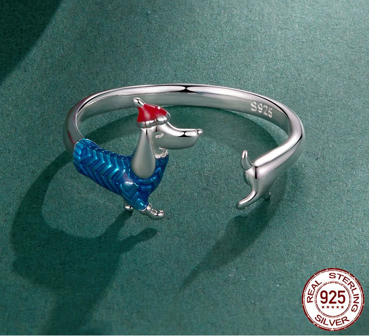WOSTU 925 Sterling Silver Dachshund Dog Open Ring With Christmas Hat, 925 Sterling Silver Pet Animal Unique Xmas Gift For Her