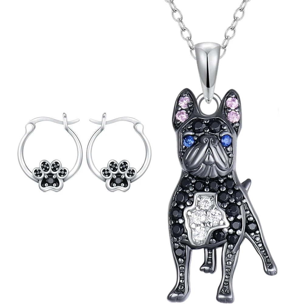 Black French Bulldog Necklace & Paw Earrings Set