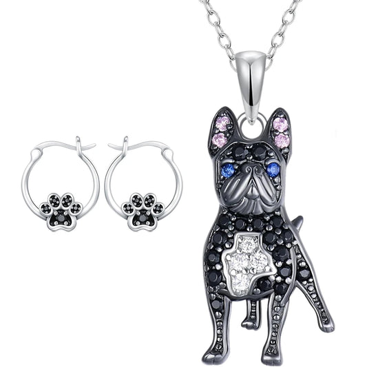 Black French Bulldog Necklace & Paw Earrings Set