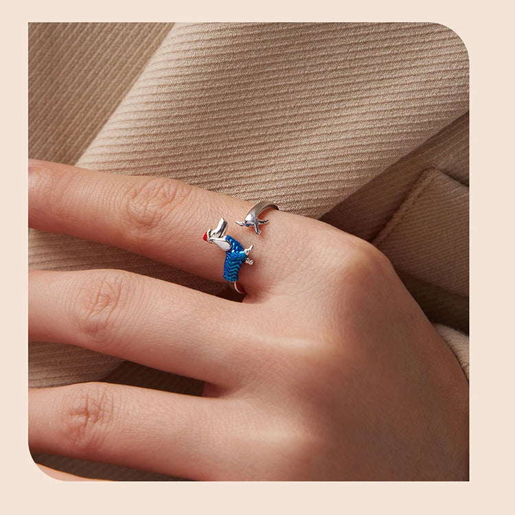 WOSTU 925 Sterling Silver Dachshund Dog Open Ring With Christmas Hat, 925 Sterling Silver Pet Animal Unique Xmas Gift For Her
