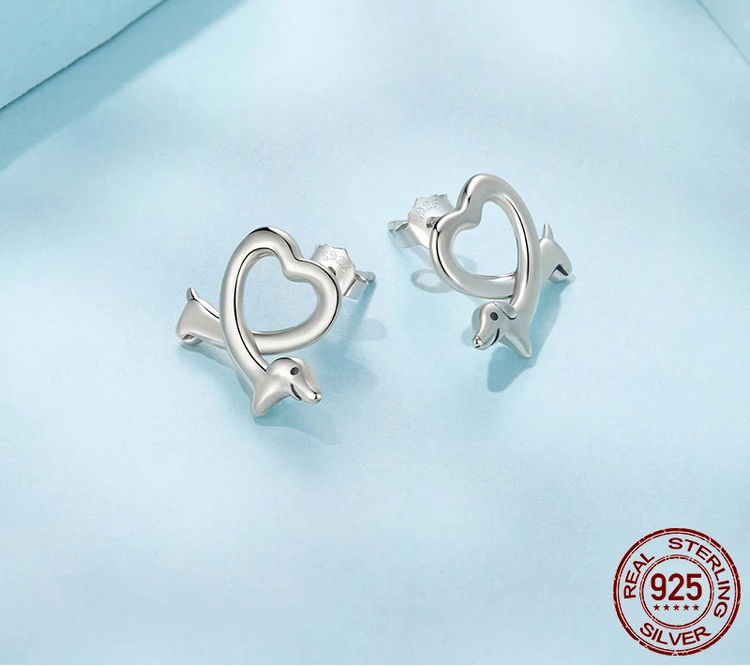 925 Sterling Silver Heart Shaped Dachshund Earrings
