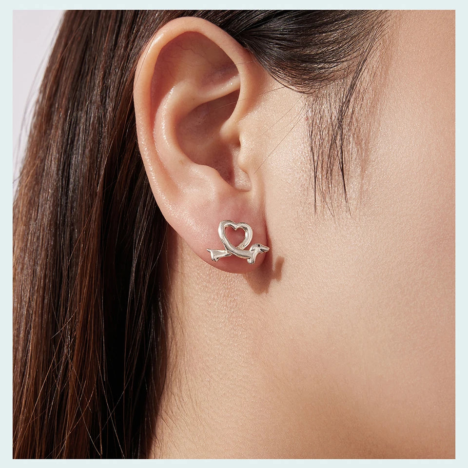 925 Sterling Silver Heart Shaped Dachshund Earrings
