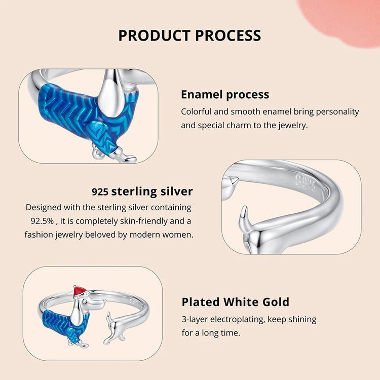 WOSTU 925 Sterling Silver Dachshund Dog Open Ring With Christmas Hat, 925 Sterling Silver Pet Animal Unique Xmas Gift For Her