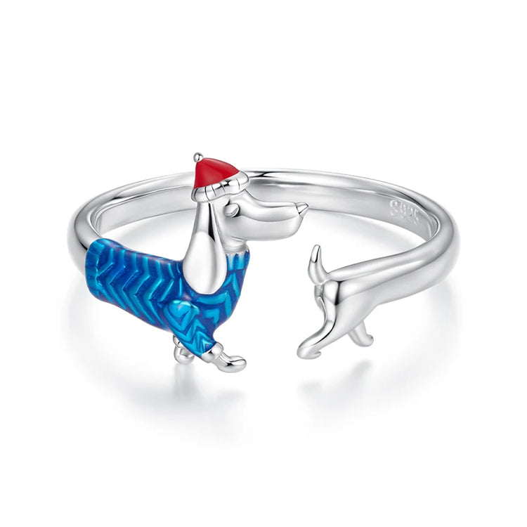 WOSTU 925 Sterling Silver Dachshund Dog Open Ring With Christmas Hat, 925 Sterling Silver Pet Animal Unique Xmas Gift For Her